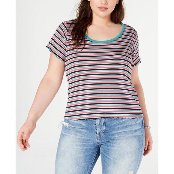 Planet Gold Tops - Planet Gold Juniors Trendy Plus Size Striped Lettuce-Edge Top Size 1X